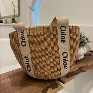 Tan Woven Straw Tote with Branded Canvas Straps! Summer Bag!